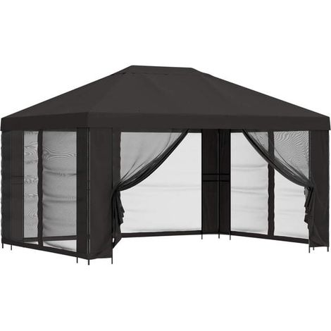 Le chalet de jardin a des murs de 4 x 3 mètres et est de couleur anthracite. (1/5)