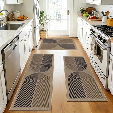 Lot de 3 tapis de cuisine antidérapants aspect jute lavables style bohème pour buanderie et couloir, noir et marron (50 x 80 cm + 50 x 120 cm + 50 x 150 cm) (1/5)