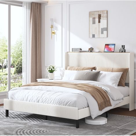 lit adulte 160x200 cadre métal corduroy matelassé beige HAVRYA (1/5)