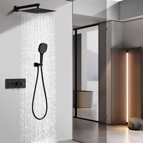 Colonne de Douche Encastrée Thermostatique 40°C, Système Douche avec Pommeau 30x30 cm & Douchette 3 Jets, Corps en Laiton avec Boîtier d’Encastrement, Contrôle Double, Installation Murale (1/5)