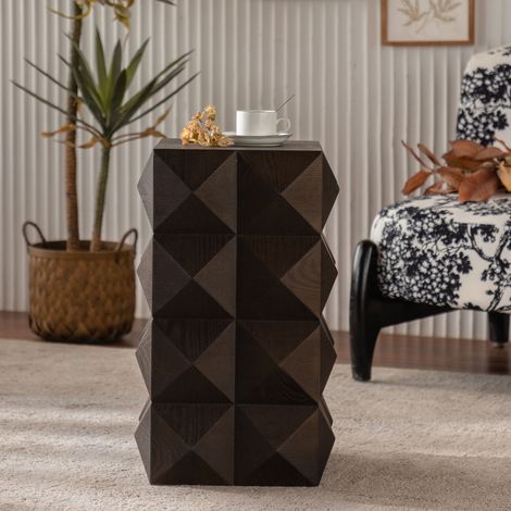 Table d’appoint rétro 60 cm de hauteur avec motif en relief, table de chevet en bois,Brun,sans montage