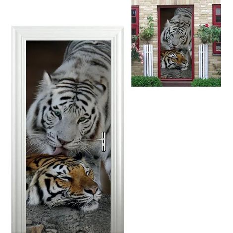 PORTE PHOTO Sticker Porte Autocollant Poster De Porte 3D Thème Animal Tigre Blanc Et Brun Affiche De Porte Sticker Mural Art Décor (1/5)