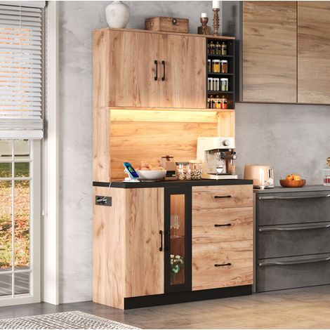 Buffet haut de cuisine en MDF décor bois et noir 105x40x180 cm, LED réglable, prise EU, étagères ajustables (1/5)