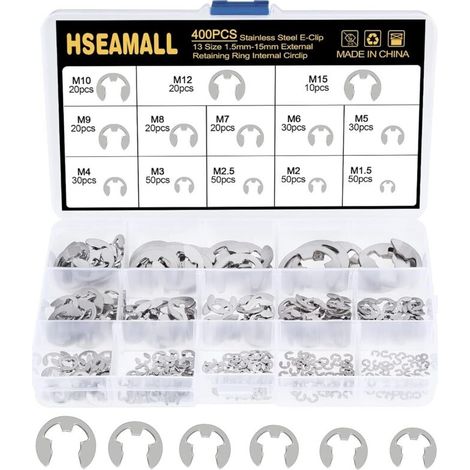 Kit surtido de 400 piezas de anillos de retención externos de acero inoxidable con clip en E de 13 tamaños y anillos internos con clip de retención de 1,5 / 2 / 2,5 / 3 / 4 / 5 / 6 / 7 / 8 / 9 / 10 /  (1/5)