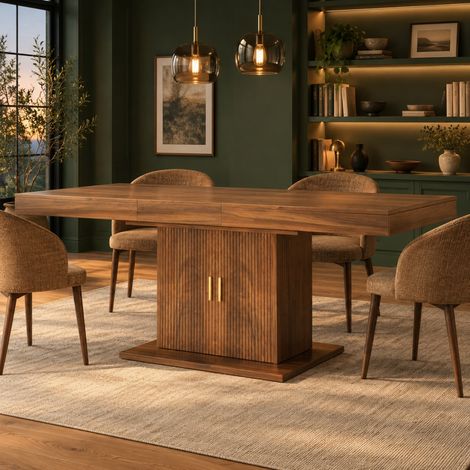 Mesa de comedor extensible 140-180 cm con almacenaje integrado, puertas acanaladas y estante extraíble, MDF y metal, color madera oscura – CHICFURN (1/5)