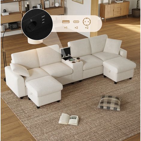 Sofá en U 315x135x81 cm beige en pana con 2 pufs de almacenaje, mesa auxiliar y puertos de carga (1/5)
