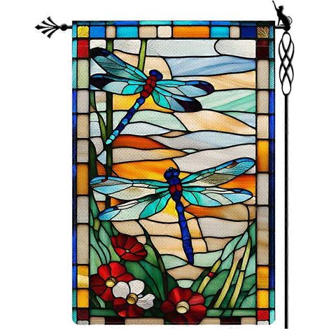Drapeau de jardin Libellule style verre fleurs drapeau de jardin vertical double face rustique en toile de jute décoration extérieure (1/5)