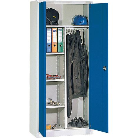 BRB Aktenschrank/Kleiderschrank Kombination, Hutboden, Kleiderstange, Trennwand und 3 Böden, HxBxT 1950x925x420 mm, Korpus lichtgrau, Türen enzianblau