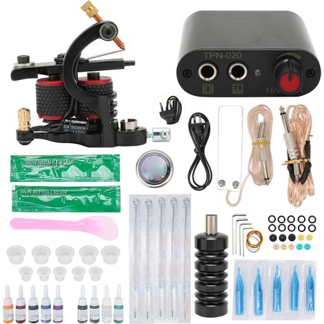 Kit complet de machine à tatouer à bobine 10 wraps, bloc d'alimentation mini 90-265V CE, cordon clip, outils professionnels pour tatouage. (1/5)