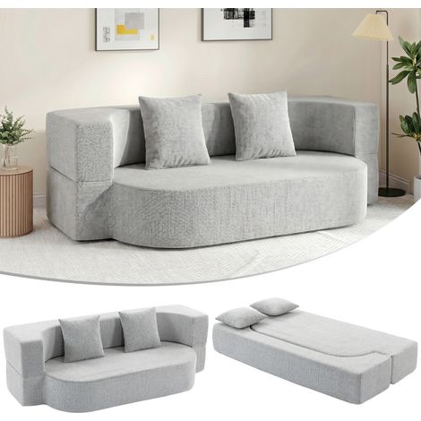 Canapé-lit 2 places 2 en 1 avec 2 coussins amovibles, accoudoirs et assise rembourrée, chenille, gris clair (1/5)