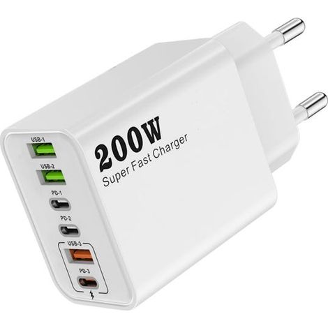 200-W-USB-C-Ladegerät mit 6 Anschlüssen, kompaktes USB-Schnellladegerät mit Schutzfunktionen, geeignet für verschiedene Smartphones – Weiß (1/5)