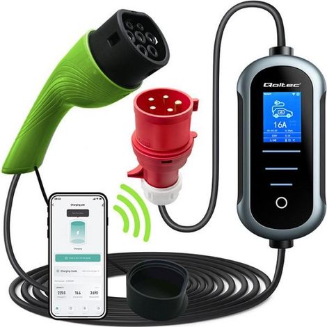 Qoltec Mobile EV Electric Car Charger 2in1 Type2  11kW  400V  Wi-Fi  TUYA  SMART LIFE  LCD  Portable  Wallbox  5m
