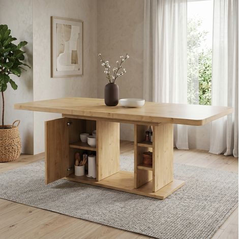 REDOM Mesa de comedor extensible 180x80x75 cm, para 6 a 8 personas, con almacenaje, estilo escandinavo, MDF, color roble (1/5)