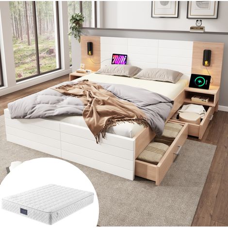 Lit double 140/200 cm blanc et chêne clair en bois massif et mdf avec matelas, usb, liseuse et 2 tiroirs (1/5)