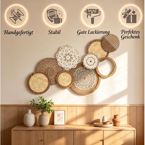 Wanddekoration aus Holz, moderne Wandskulptur aus Holz mit mehreren Glasplatten, einzigartiges Design für Wohnzimmer (nur mit Wanddekoration) (1/5)