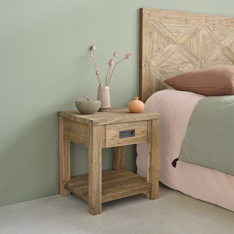 Berah Getah – Table de chevet en teck recyclé massif – Hauteur 50 cm – Longueur 45 cm – Profondeur 40 cm – 1 tiroir – Livrée montée (1/4)