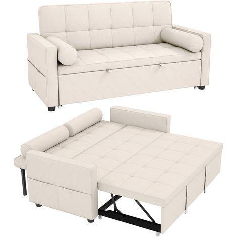 Canapé convertible 2 places - HOMCOM - 3 en 1 - lit gigogne double et dossier réglable - tissu aspect lin - 80,5x137,5x84cm - beige