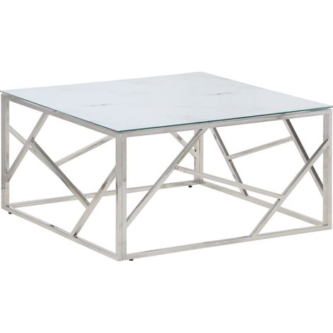 Mesa de centro de diseño moderno en acero inoxidable plateado y cristal templado DEC037295