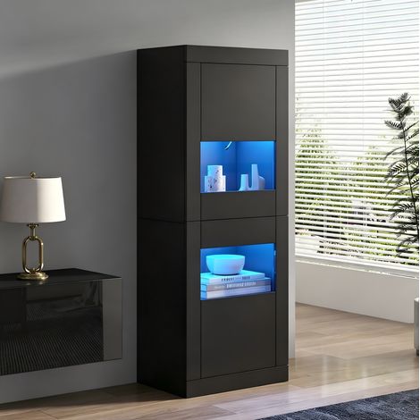 Vitrine 61x42x162 cm en panneaux de bois noir, avec rangement pour salon moderne FloraGrace (1/5)