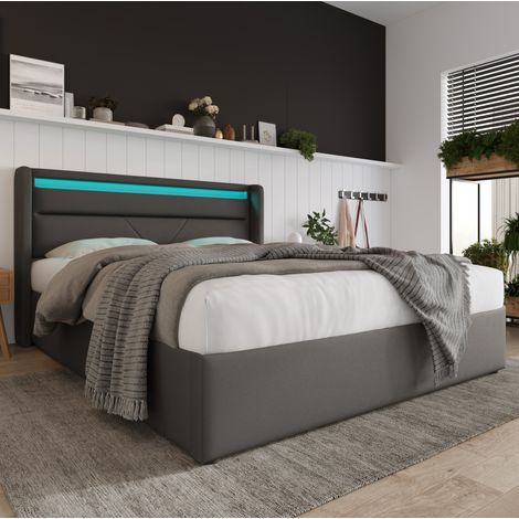 Cama con espacio de almacenamiento tapizada en PU gris 140x200 cm con LED en cabecero y somier de láminas (1/5)