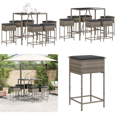 7-tlg. Gartenbar-Set mit Kissen Grau Poly Rattan - Gartenmöbel - Outdoor Möbel - Esstisch - Barhocker - Lounge Set - Home & Living (1/5)