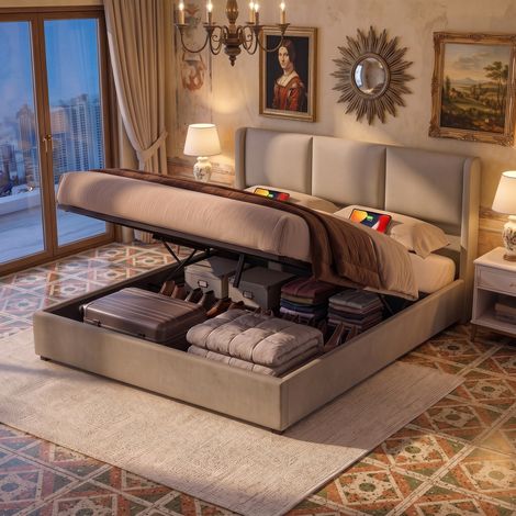JOOKGBD‑Letto contenitore 160x200cm, rivestimento tessuto lino beige, testiera imbottita con doppie lampade da lettura e porte USB, doghe in legno, struttura robusta, per camera da letto moderna (1/5)