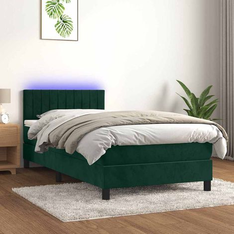 Cama box spring colchón y LED terciopelo verde oscuro 90x200 cm (1/5)