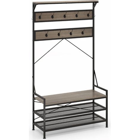 Porte-manteau 4 en 1 avec banc à chaussures 102 x 40 x 184 cm grande capacité de rangement design élégant en métal gris