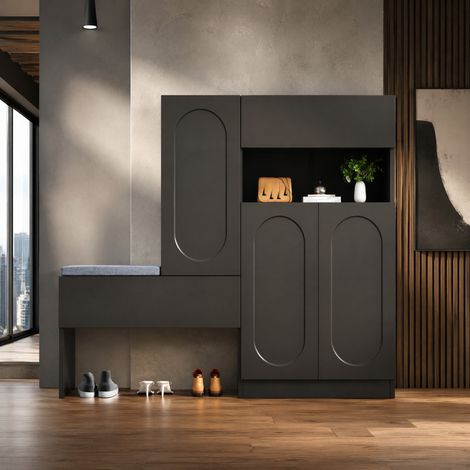 Meuble à chaussures 130x35x110 cm en panneaux de bois noir, avec rangement pour entrée FloraGrace (1/5)