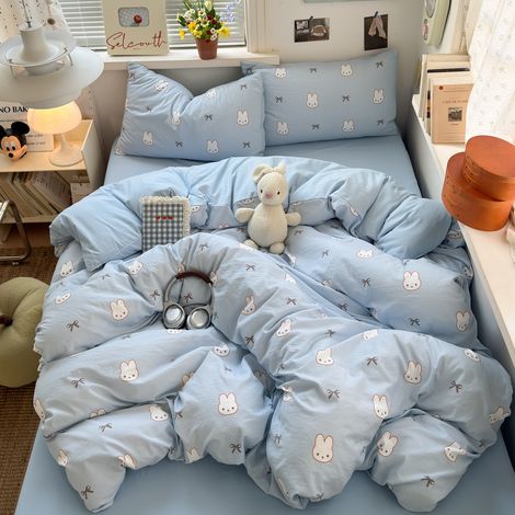 Ensemble Literie 4 Pièces Coton Lavé Ultra Doux Qualité A Maternité - Housse de Couette, Drap-housse et Drap Plat pour Lit 180cm (Adapté Couette 180x220) - Motif Lapin Bleu-lsw