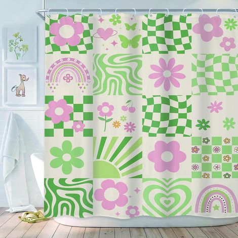 Rideau de Douche rétro Mignon Vert Rose Fleur 183 x 183 cm Abstrait Danois Pastel à Carreaux Arc-en-Ciel rainuré Ensemble de Salle de Bain pour Filles Accessoires de décoration de Bain (1/5)