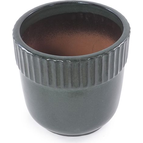 Vaso in ceramica artigianale verde scuro Ø 38 cm con scanalature e fori di drenaggio (1/5)