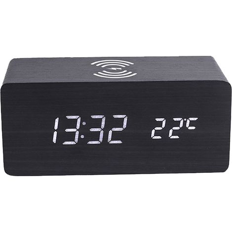 Despertador digital LED con 3 alarmas y función de carga inalámbrica de 10 W para el dormitorio – MDF + PVC, negro (1/5)