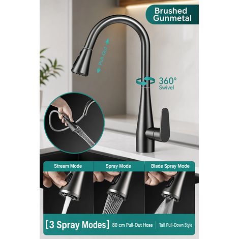Robinet de cuisine extractible (style Gunmetal Diva) avec mitigeur thermostatique double jet, rotation à 360°, en acier inoxydable. (1/5)