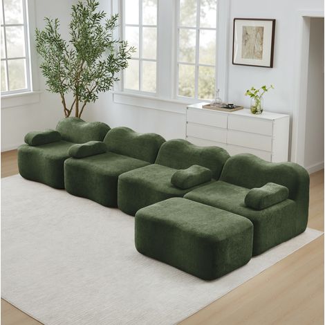 Sofá rinconero modular de 4 plazas con ottoman, forma ondulada, terciopelo verde DESVIAE (1/5)