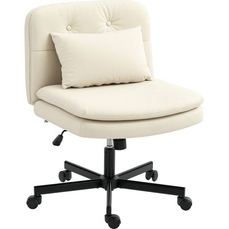Fauteuil de bureau sans accoudoirs en similicuir beige avec roulettes et coussin