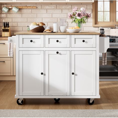 Isla de cocina 112x46.2x92.7 cm blanco y natural en MDF con encimera extensible y ruedas (1/5)