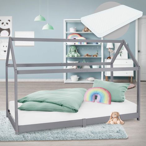 ML-Design Kinderbett 90x200 cm Hellgrau mit Matratze H:16 cm, Dach, Lattenrost, Kinderhaus aus Kiefernholz, Bodenbett Jugendbett, Mädchen & Jungen Hausbett, Holzbett Kinder Bett Bettenhaus Spielbett (1/5)