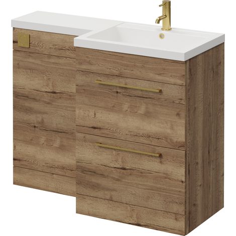 Napoli 460 Tobacco Oak 1100mm 2 Drawer Vanity Unit Toilet Suite with Right Hand Square Lucia Basin - 1100mm - Brushed Brass 320mm HandleWithout Kingston Toilet Pan