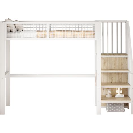 Lit mezzanine 90 x 200 en métal et MDF blanc avec échelle et rangement (1/5)