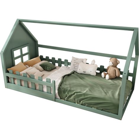 Lit enfant en bois pin/MDF vert 90x200 cm, forme maison, sommier à lattes inclus (1/5)