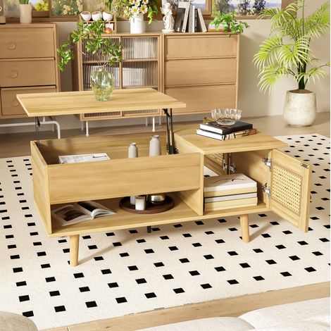 Tavolino rialzabile 103 x 50 x 46 cm con vano contenitore, ante effetto rattan, legno e nero DESVIAE (1/5)