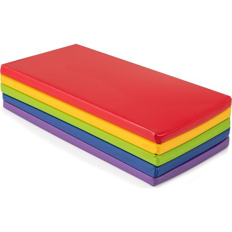 COSTWAY Lot de 5 Tapis de Repos Enfant en Mousse, Coussins dassise pour Sol en Simili Cuir avec Fermeture Éclair, Fond Antidérapant, Matelas de Sieste pour Crèche Garderie Domicile (1/5)