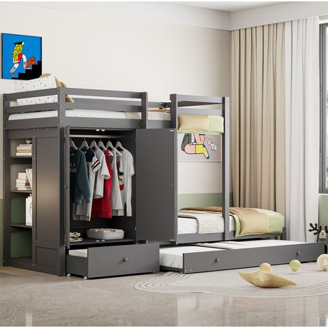 Letto a castello per bambini 90x200 cm con letto estraibile, armadio e cassetti grigio DESVIAE (1/5)