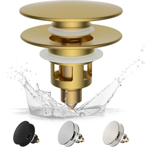 Bouchon Lavabo Salle de Bain avec Filtre de Drain, Universel à Noyau en Laiton à Pousser, Bouchon Baignoire Remplacement,25-46mm - Or Brossé (1/5)