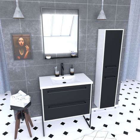 Mobile da bagno 80 cm, Lavabo bianco, Specchio LED e Colonna - Bianco e Nero - STRUCTURA