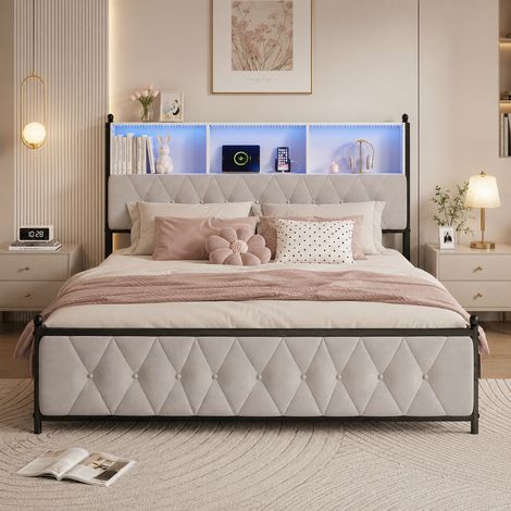 Lit adulte double 160x200 cm avec rangement, tête de lit multifonction avec LED et prises USB-A USB-C, 4 tiroirs intégrés, cadre de lit avec sommier à lattes, velours beige (1/5)