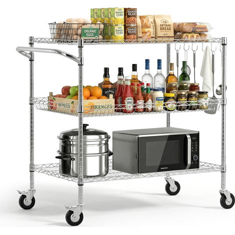 VEVOR Küchenwagen mit 3 Ebenen, Schwerlast-Servierwagen bis 454 kg, Rollwagen mit Höhenverstellbaren Drahtablagen und Griff, Metallregal auf Rollen für Küche, Garage & Waschküche, 1016 x 635 x 1040 mm (1/5)