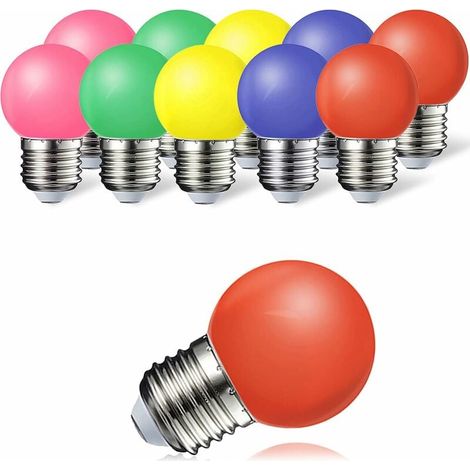 Paquete de 10 bombillas LED E27 de 1W y 100LM de bajo consumo que cambian de color con ángulo de haz de 360°, disponibles en rojo, amarillo, azul, verde y rosa [Clase energética A]. (1/5)