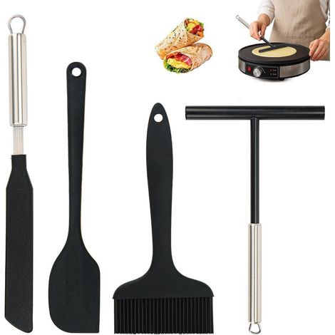 4-teiliges Crêpes Set: Teigverteiler, Spatel & Pinsel aus Edelstahl und Silikon